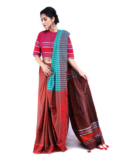 Saree Gamcha Fashion Handloom Cotton Fabric Sky blue and Red GS19