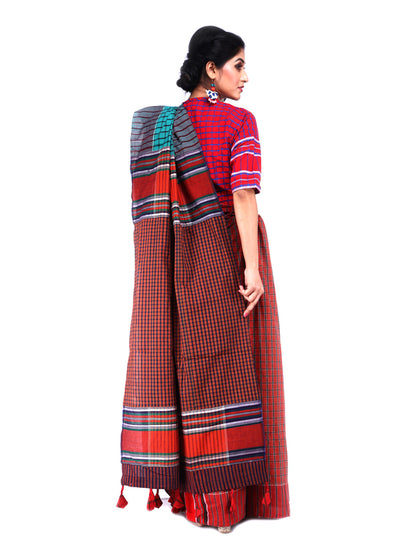 Saree Gamcha Fashion Handloom Cotton Fabric Sky blue and Red GS19