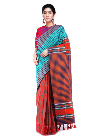 Saree Gamcha Fashion Handloom Cotton Fabric Sky blue and Red GS19