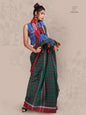 Saree Ikkat Gamcha Fashion Handloom Cotton Fabric Dark Green and Red GS28