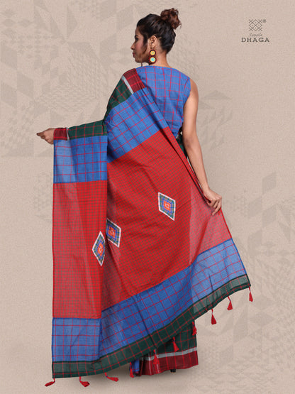 Saree Ikkat Gamcha Fashion Handloom Cotton Fabric Dark Green and Red GS28