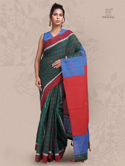 Saree Ikkat Gamcha Fashion Handloom Cotton Fabric Dark Green and Red GS28