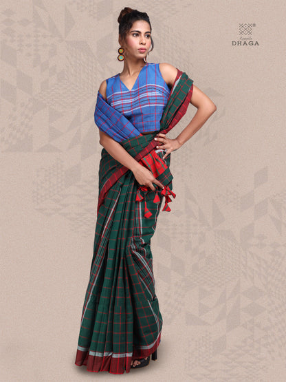 Saree Ikkat Gamcha Fashion Handloom Cotton Fabric Dark Green and Red GS29