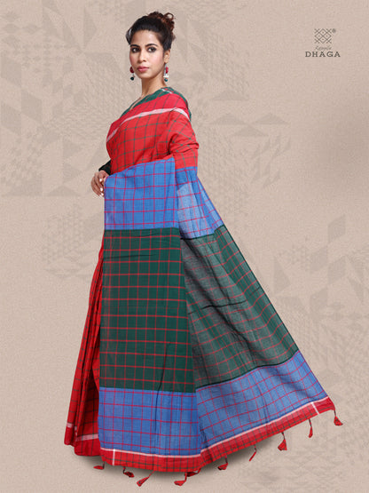 Saree Ikkat Gamcha Fashion Handloom Cotton Fabric  Multi Color, Red & Green GS36