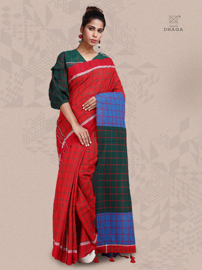 Saree Ikkat Gamcha Fashion Handloom Cotton Fabric  Multi Color, Red & Green GS36