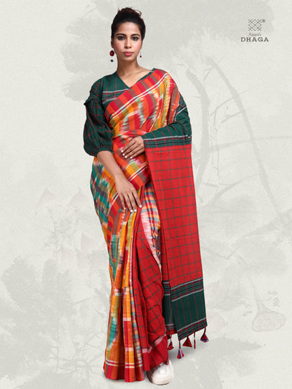 Saree Ikkat Gamcha Fashion Handloom Cotton Fabric  Multi Color GS38