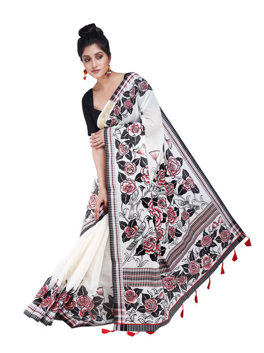 Hand Painted Saree Handloom Cotton Fabric Black and Red HPS2