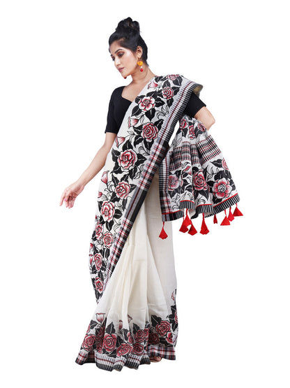 Hand Painted Saree Handloom Cotton Fabric Black and Red HPS2