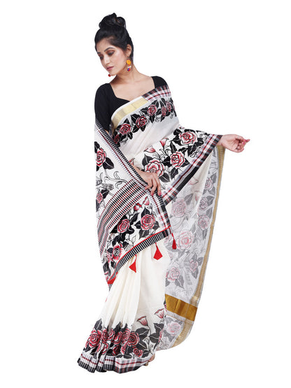 Hand Painted Saree Handloom Cotton Fabric Black and Red HPS2