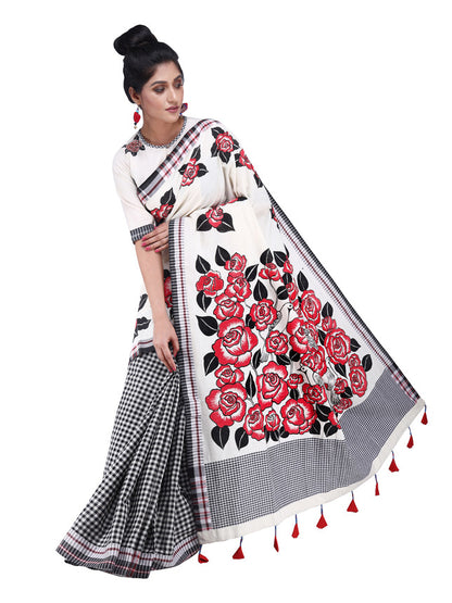 Hand Painted Saree Classic Design Handloom Cotton Fabric Black and Red HPS3