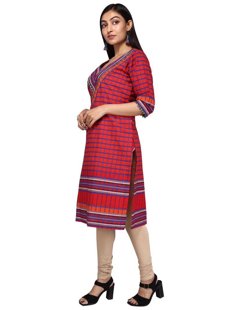 kurti Gamcha Fashion Handloom Cotton Fabric Red D014