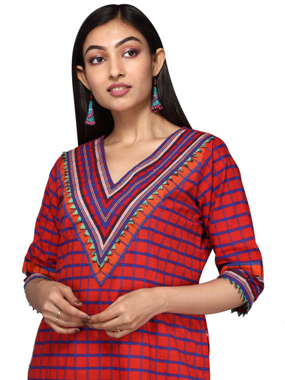 kurti Gamcha Fashion Handloom Cotton Fabric Red D014