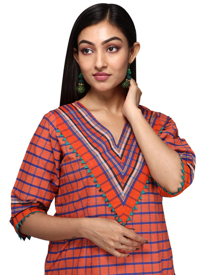 Kurti Gamcha Fashion Handloom Cotton Fabric Orange D017