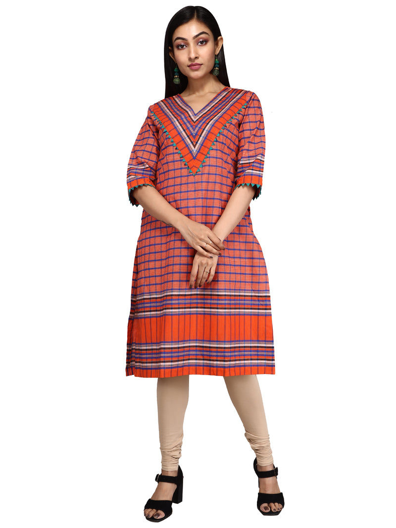 Kurti Gamcha Fashion Handloom Cotton Fabric Orange D017