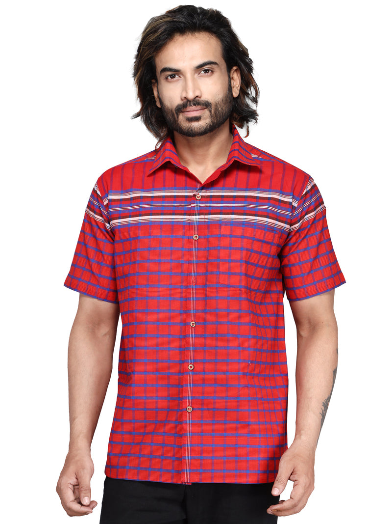 Shirt Men Gamcha Fashion Handloom Fabric Red SH02