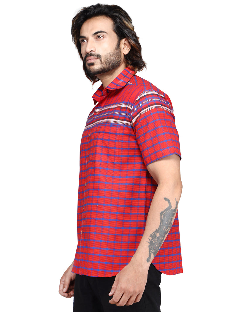 Shirt Men Gamcha Fashion Handloom Fabric Red SH02