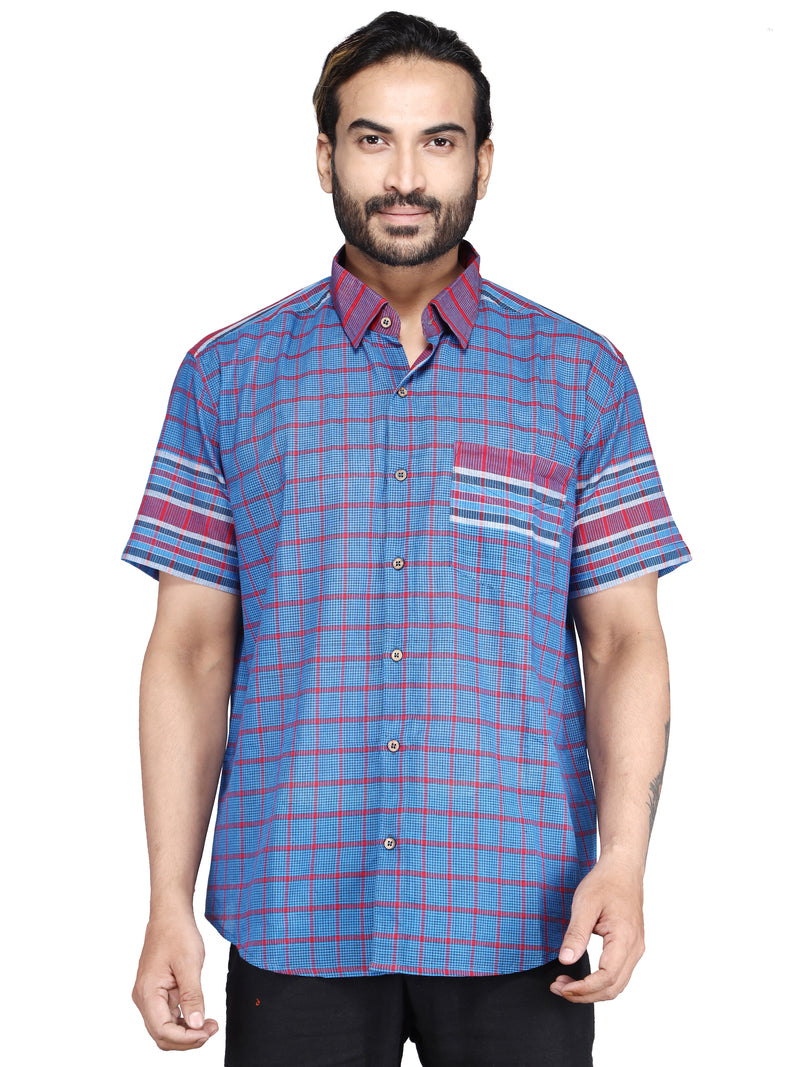 Shirt Men Gamcha Fashion Handloom Fabric Blue SH03