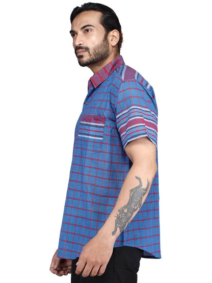 Shirt Men Gamcha Fashion Handloom Fabric Blue SH03