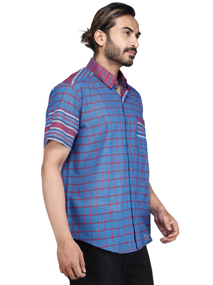 Shirt Men Gamcha Fashion Handloom Fabric Blue SH03