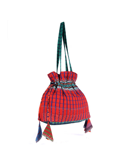 Potli Bag  Female Gamcha Fashion Handloom Fabric Red PT1