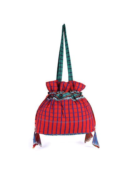 Potli Bag  Female Gamcha Fashion Handloom Fabric Red PT1