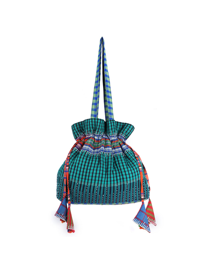 Potli Bag  Female Gamcha Fashion Handloom Fabric Green PT2