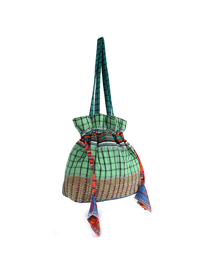 Potli Bag  Female Gamcha Fashion Handloom Fabric Green PT3