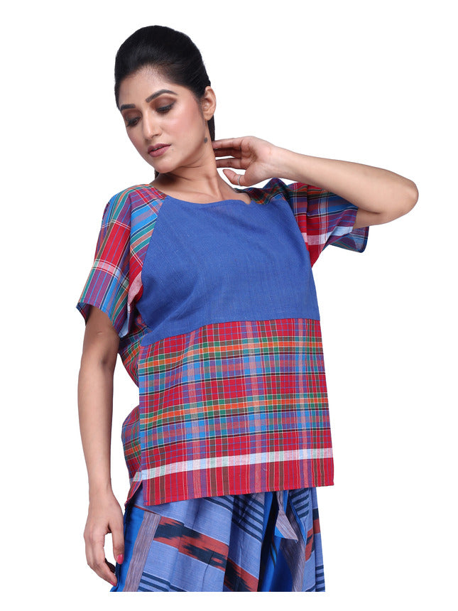 Top Long Gamcha Fashion Handloom Cotton Blue TOP01