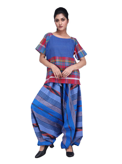 Top Long Gamcha Fashion Handloom Cotton Blue TOP01