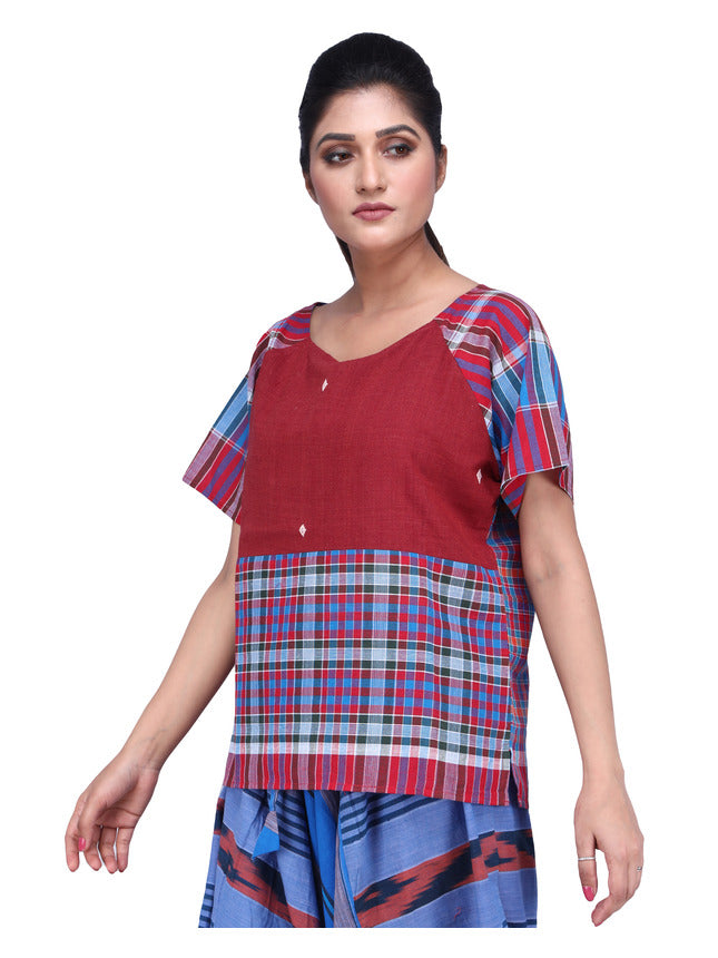 Top Long Gamcha Fashion Handloom Cotton Merun TOP02