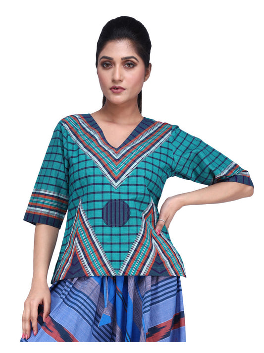 Top Long Gamcha Fashion Handloom Cotton Green TOP03