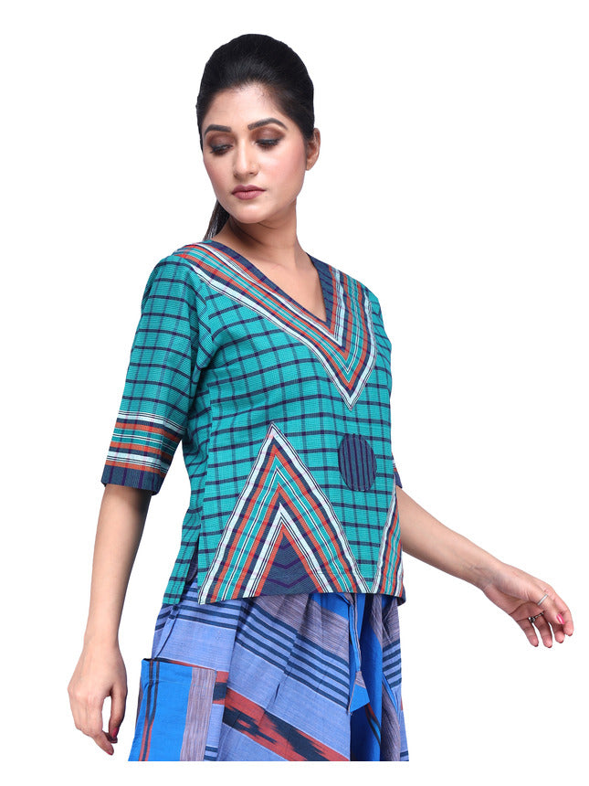 Top Long Gamcha Fashion Handloom Cotton Green TOP03