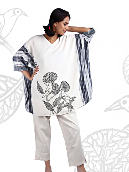 Hand Painted Gamcha Cotton Kaftan Dress (White) D011