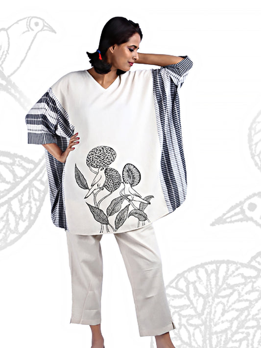 Hand Painted Gamcha Cotton Kaftan Dress (White) D011