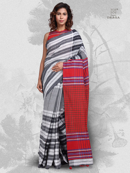 Saree Gamcha Fashion Handloom Cotton Fabric  Black & White GS40