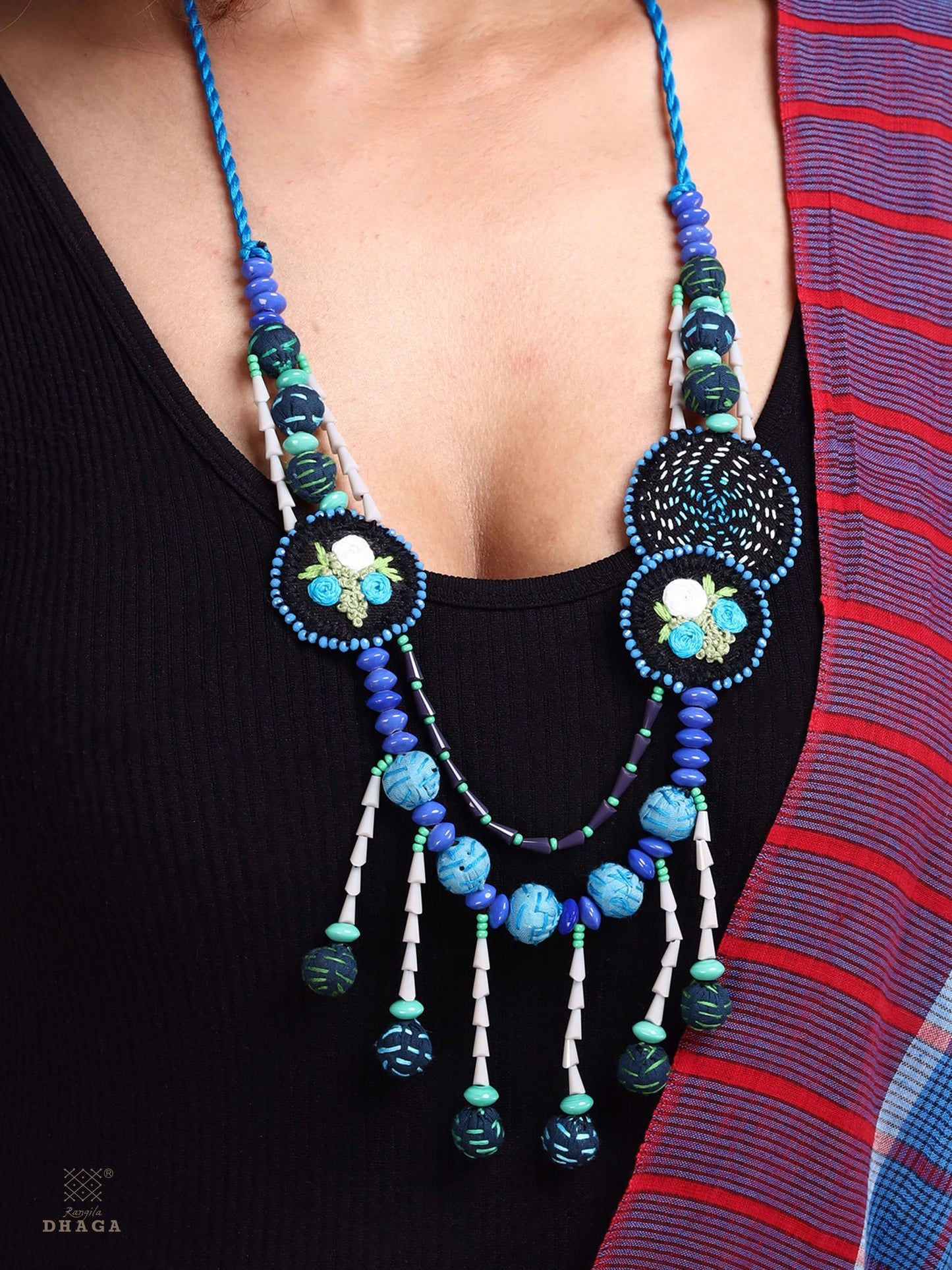 Handembroidered Gamcha Fabric with Cristal Beads Necklace Blue (N01)